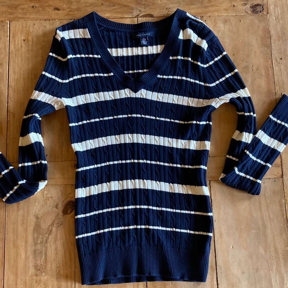 Tommy Hilfiger Navy and Cream Striped V-Neck Sweater